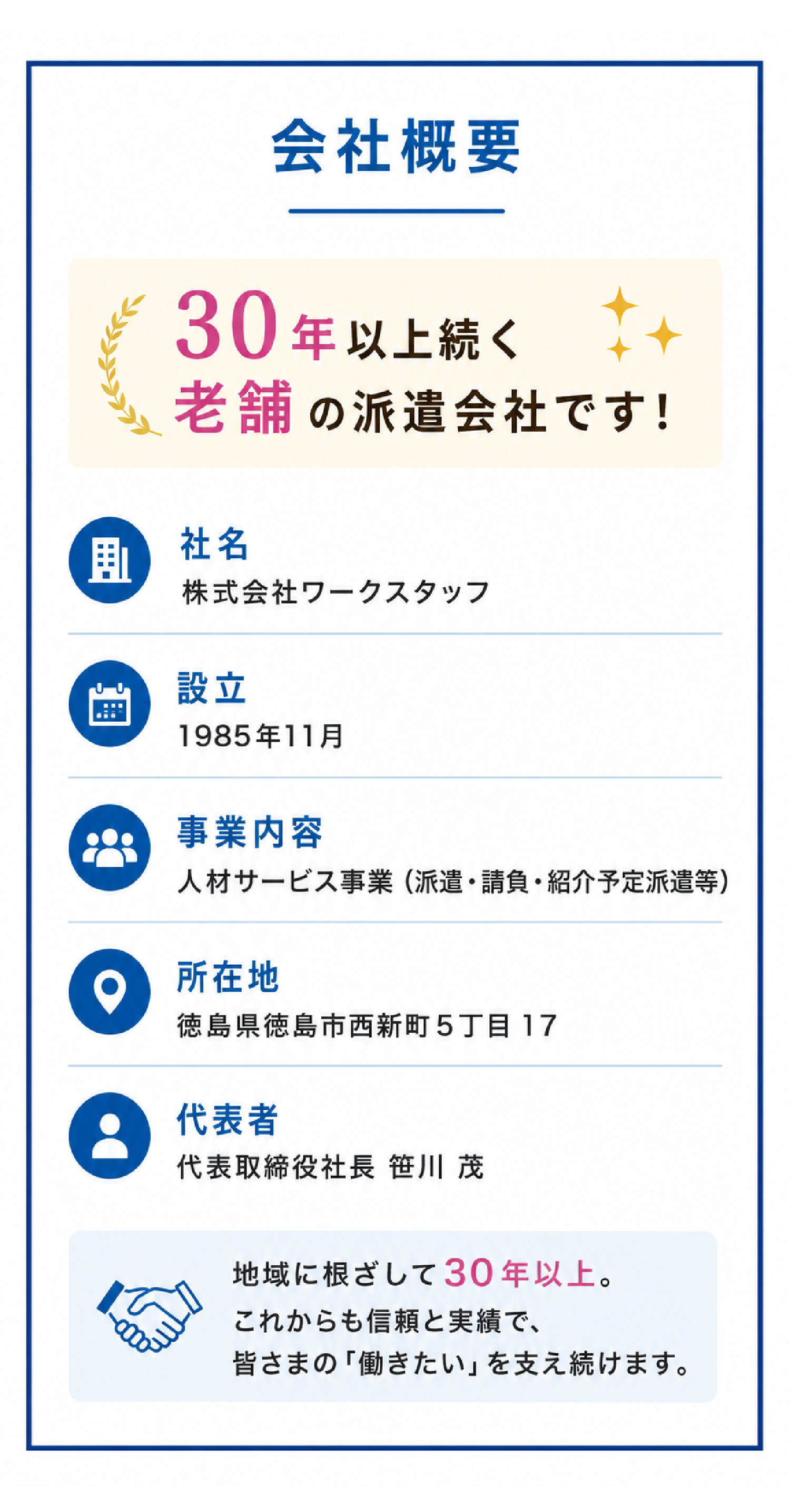 会社概要　30年以上続く老舗の派遣会社です